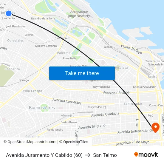 Avenida Juramento Y Cabildo (60) to San Telmo map