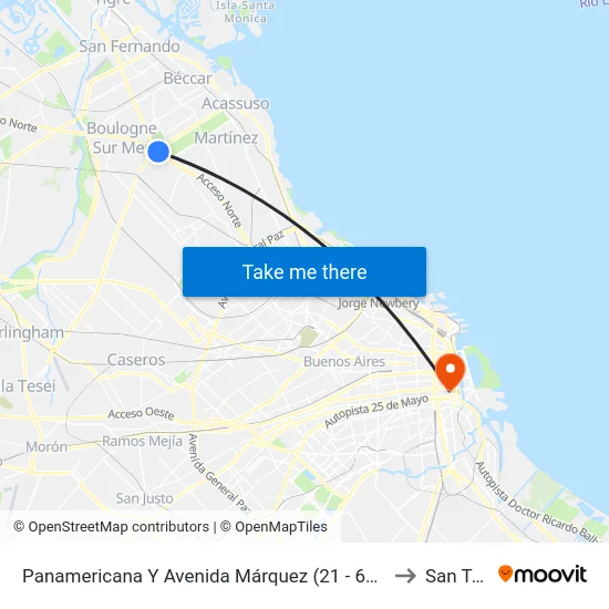 Panamericana Y Avenida Márquez (21 - 60 - 130 - 203 - 371) to San Telmo map