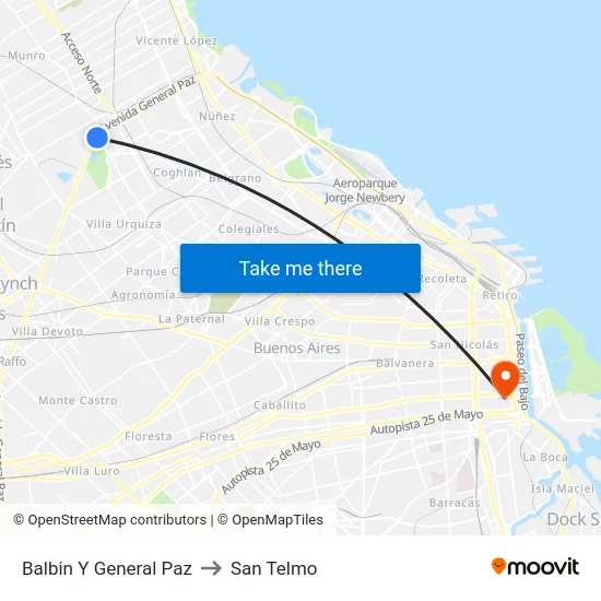 Balbin Y General Paz to San Telmo map