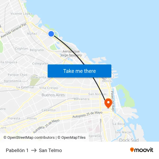 Pabellón 1 to San Telmo map