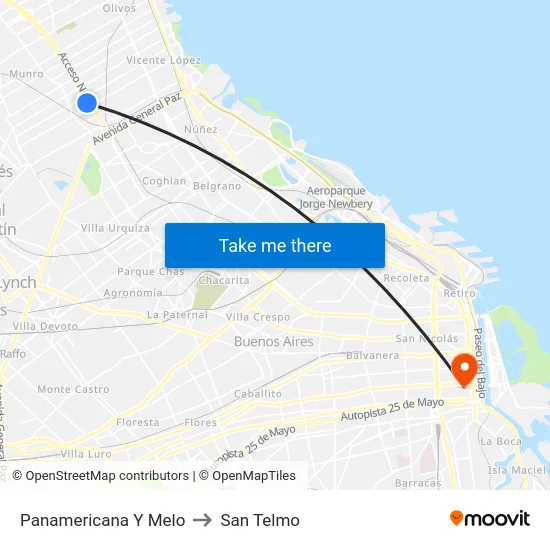 Panamericana Y Melo to San Telmo map
