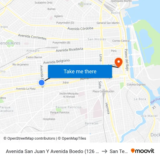 Avenida San Juan Y Avenida Boedo (126 - 127 - 180) to San Telmo map