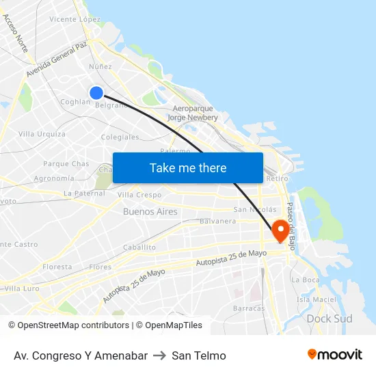 Av. Congreso Y Amenabar to San Telmo map