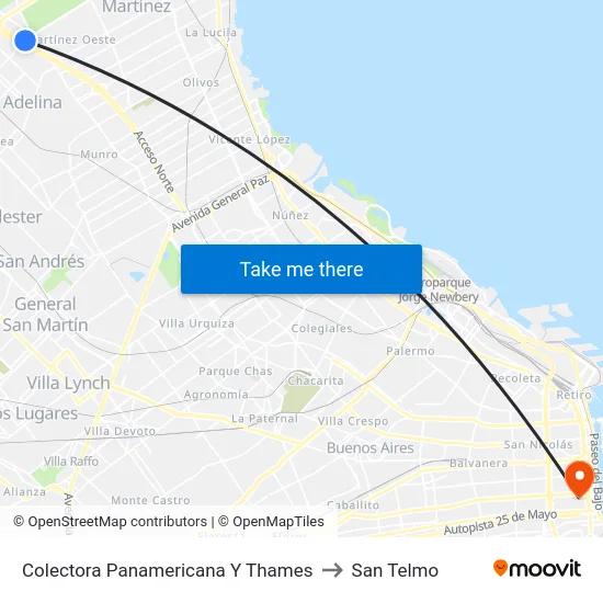 Colectora Panamericana Y Thames to San Telmo map
