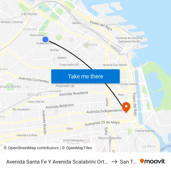 Avenida Santa Fe Y Avenida Scalabrini Ortiz (29 - 64 - 68 - 111) to San Telmo map