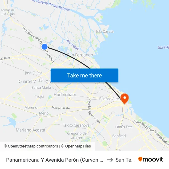 Panamericana Y Avenida Perón (Curvón Benavidez) to San Telmo map