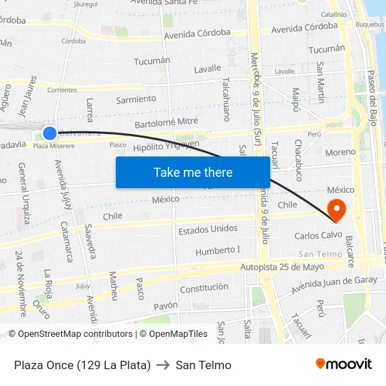 Plaza Once (129 La Plata) to San Telmo map