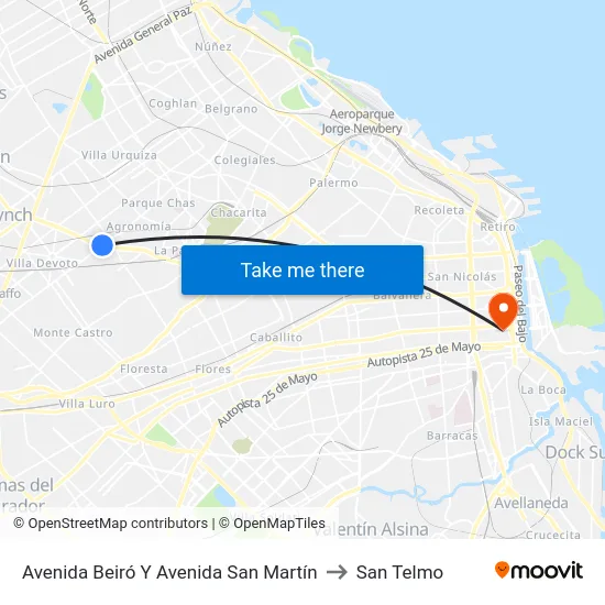 Avenida Beiró Y Avenida San Martín to San Telmo map