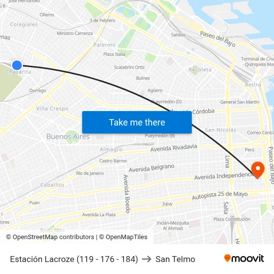 Estación Lacroze (119 - 176 - 184) to San Telmo map