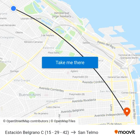 Estación Belgrano C (15 - 29 - 42) to San Telmo map