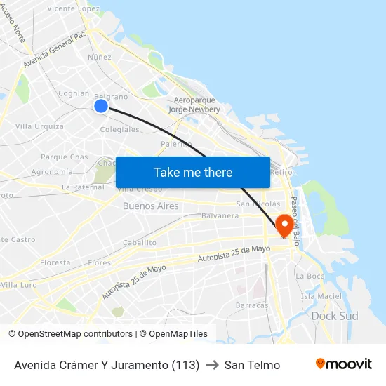 Avenida Crámer Y Juramento (113) to San Telmo map