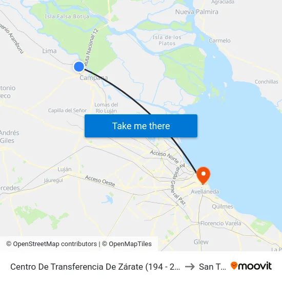 Centro De Transferencia De Zárate (194 - 204 - 228 - 429 - Combi) to San Telmo map