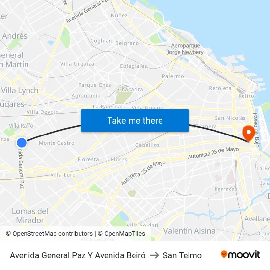 Avenida General Paz Y Avenida Beiró to San Telmo map