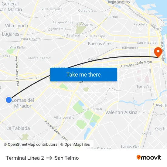 Terminal Línea 2 to San Telmo map