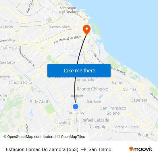 Estación Lomas De Zamora (553) to San Telmo map