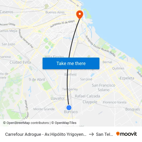 Carrefour Adrogue - Av.Hipólito Yrigoyen, 13300 to San Telmo map