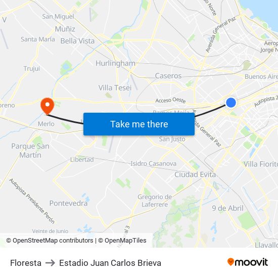 Floresta to Estadio Juan Carlos Brieva map