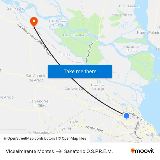 Vicealmirante Montes to Sanatorio O.S.P.R.E.M. map