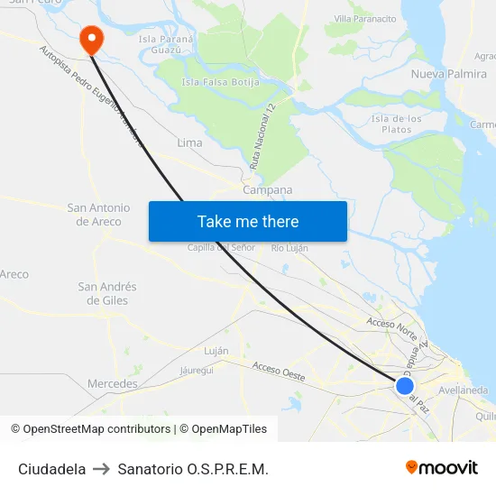 Ciudadela to Sanatorio O.S.P.R.E.M. map
