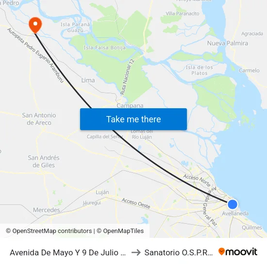 Avenida De Mayo Y 9 De Julio (7 - 24) to Sanatorio O.S.P.R.E.M. map