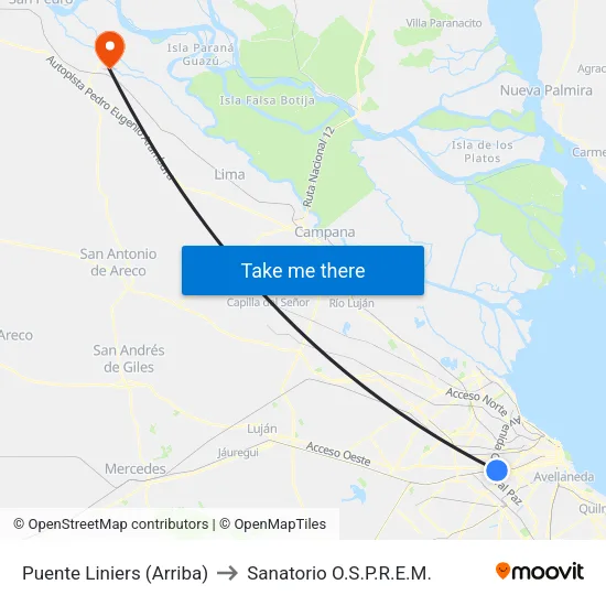 Puente Liniers (Arriba) to Sanatorio O.S.P.R.E.M. map