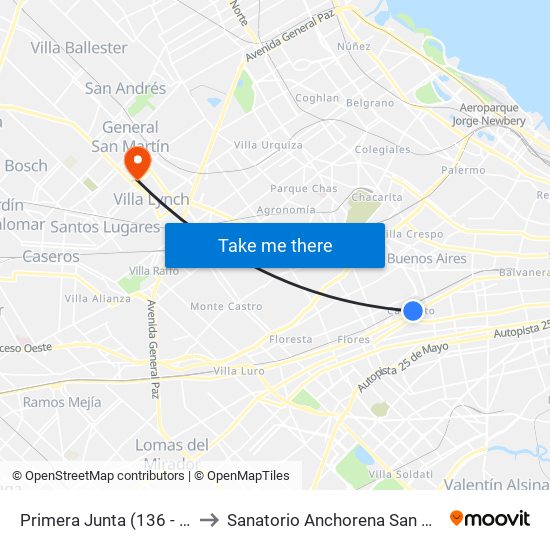 Primera Junta (136 - 163) to Sanatorio Anchorena San Martín map
