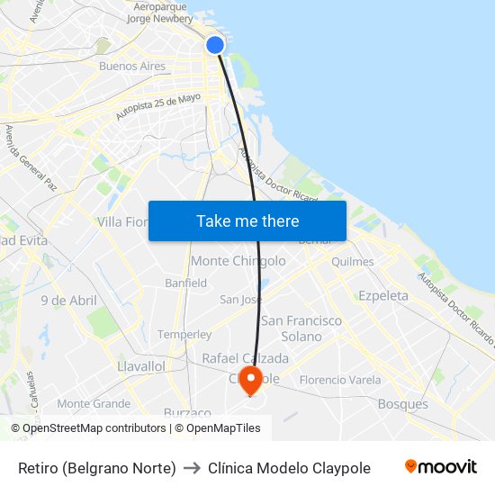 Retiro (Belgrano Norte) to Clínica Modelo Claypole map