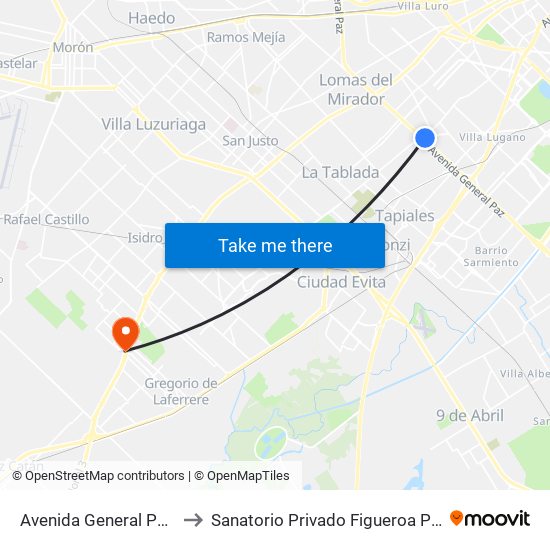 Avenida General Paz Y Avenida Eva Perón to Sanatorio Privado Figueroa Paredes Laferrere De Sicomed Sa map