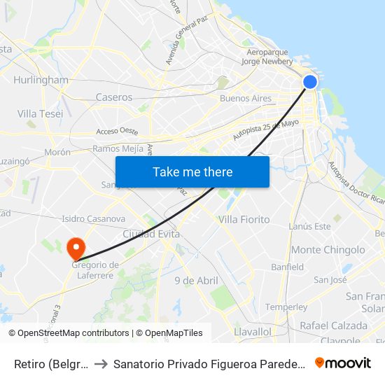 Retiro (Belgrano Norte) to Sanatorio Privado Figueroa Paredes Laferrere De Sicomed Sa map