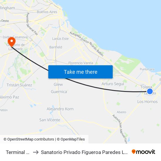 Terminal La Plata to Sanatorio Privado Figueroa Paredes Laferrere De Sicomed Sa map