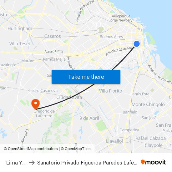 Lima Y Chile to Sanatorio Privado Figueroa Paredes Laferrere De Sicomed Sa map