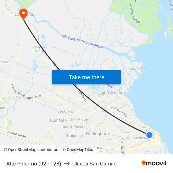 Alto Palermo (92 - 128) to Clinica San Camilo map