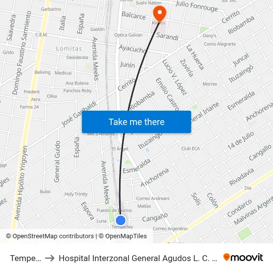 Temperley to Hospital Interzonal General Agudos L. C. De Gandulfo map