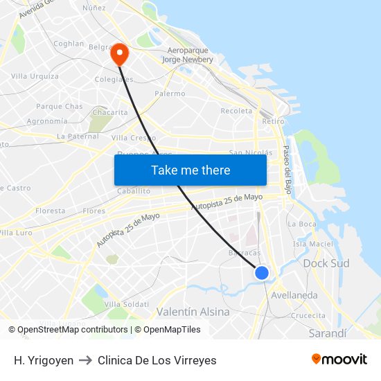 H. Yrigoyen to Clinica De Los Virreyes map