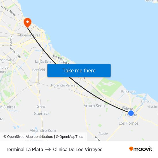 Terminal La Plata to Clinica De Los Virreyes map