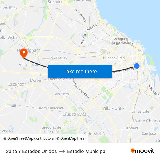 Salta Y Estados Unidos to Estadio Municipal map