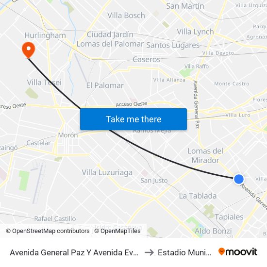 Avenida General Paz Y Avenida Eva Perón to Estadio Municipal map