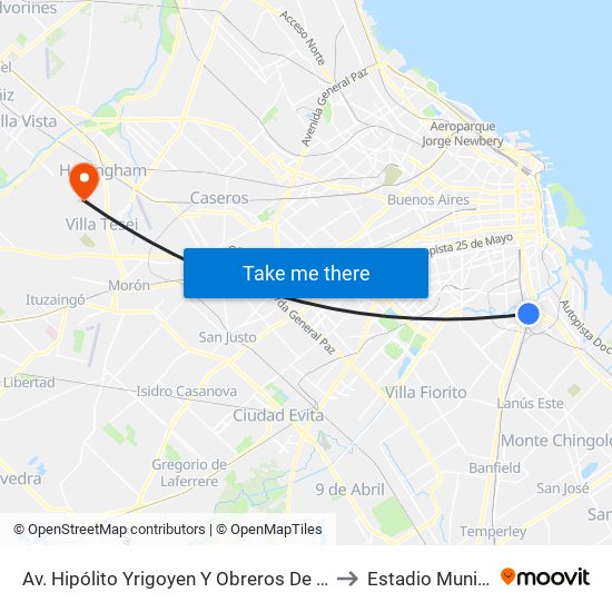 Av. Hipólito Yrigoyen Y Obreros De La Negra to Estadio Municipal map