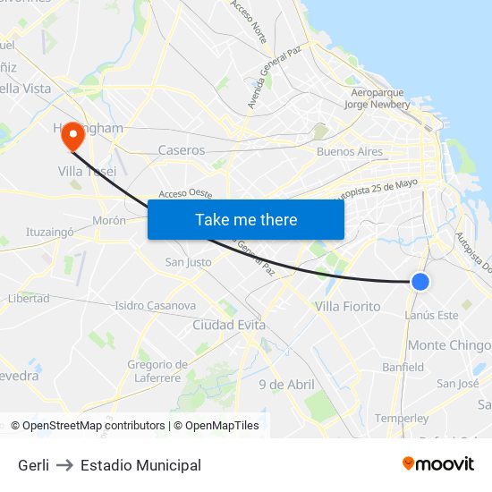 Gerli to Estadio Municipal map