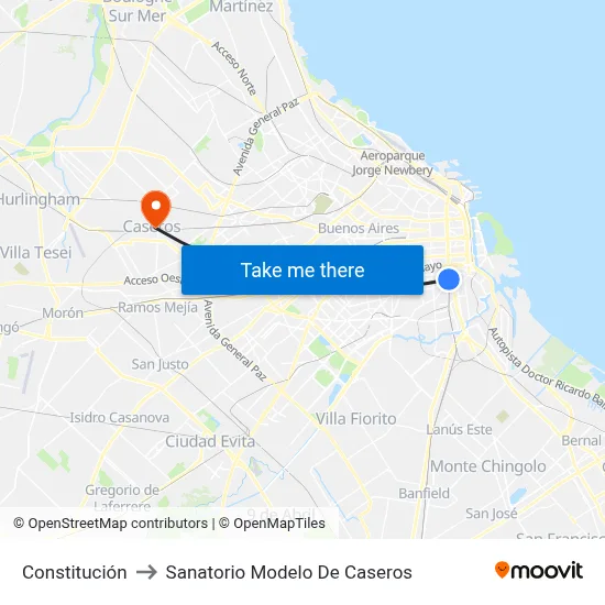 Constitución to Sanatorio Modelo De Caseros map