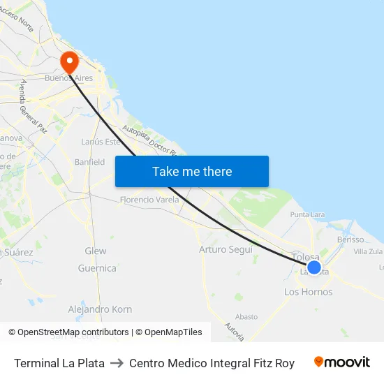Terminal La Plata to Centro Medico Integral Fitz Roy map