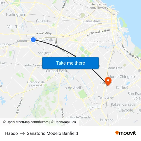 Haedo to Sanatorio Modelo Banfield map