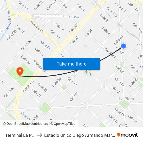 Terminal La Plata to Estadio Único Diego Armando Maradona map