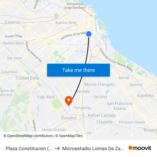 Plaza Constitución (53) to Microestadio Lomas De Zamora map