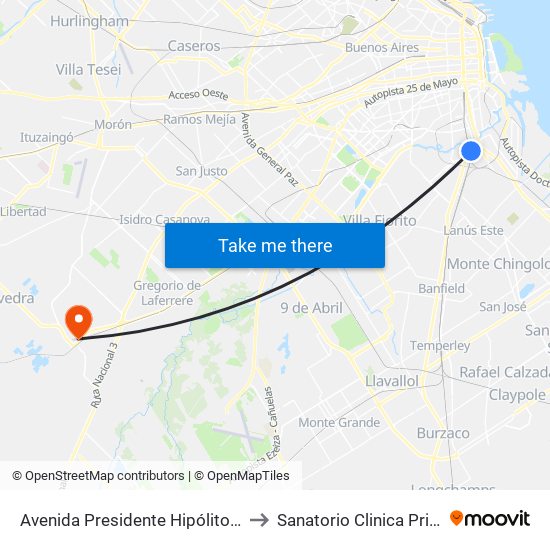 Avenida Presidente Hipólito Yrigoyen, 410 to Sanatorio Clinica Privada Catan map
