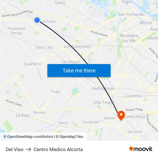 Del Viso to Centro Medico Alcorta map