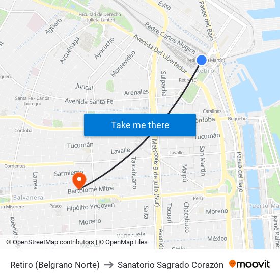 Retiro (Belgrano Norte) to Sanatorio Sagrado Corazón map