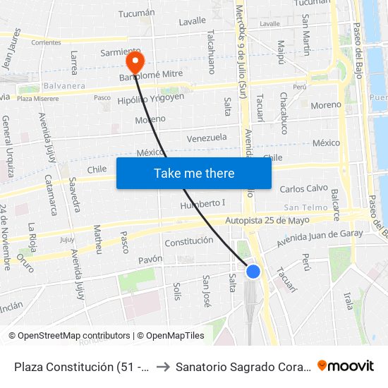 Plaza Constitución (51 - 98) to Sanatorio Sagrado Corazón map