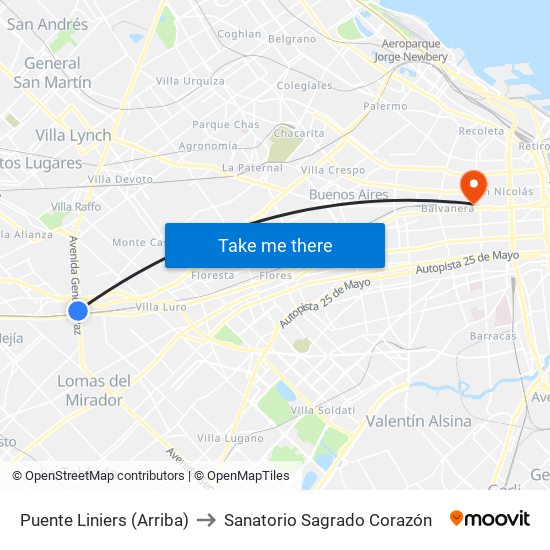 Puente Liniers (Arriba) to Sanatorio Sagrado Corazón map