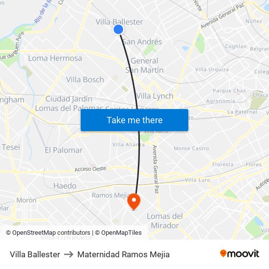 Villa Ballester to Maternidad Ramos Mejia map